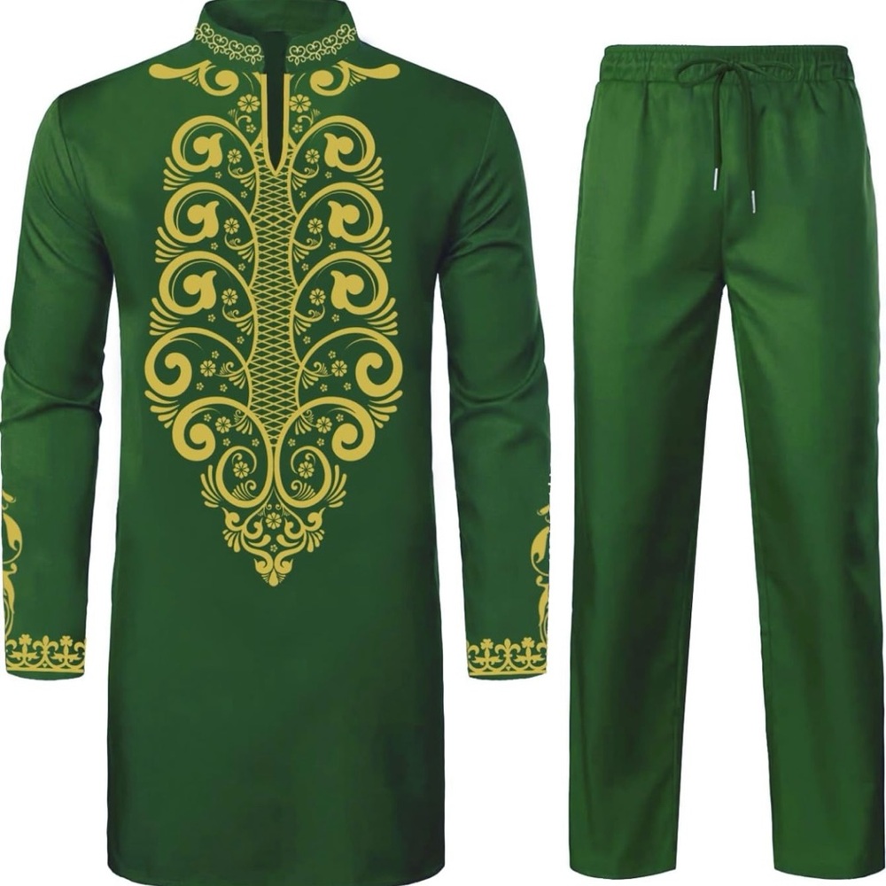 Green and Gold Embroidered Men's Dashiki Set - Picture 3 of 11